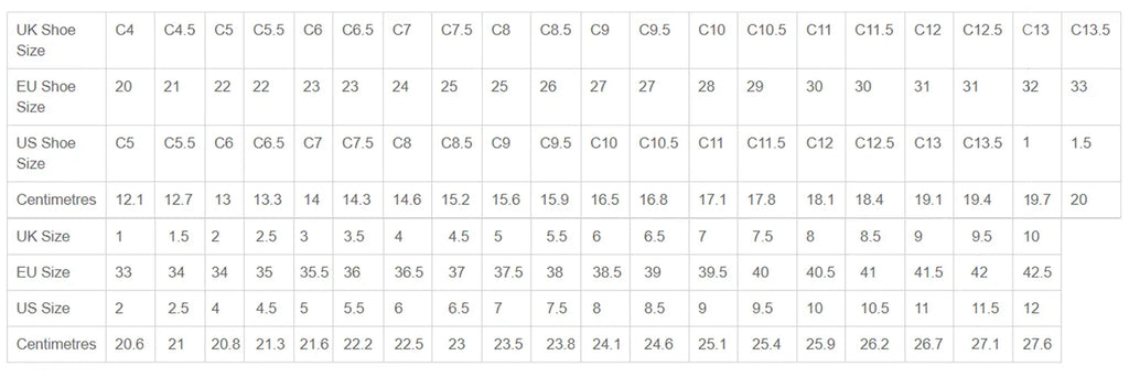 Table converting UK shoe sizes to US, EU, and centimeter measurements.