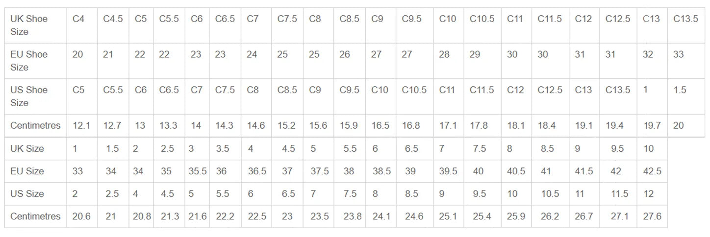 Table converting UK shoe sizes to US, EU, and centimeter measurements.