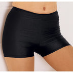 Black shorts worn by a person on a white background