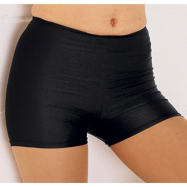 Black shorts worn by a person on a white background