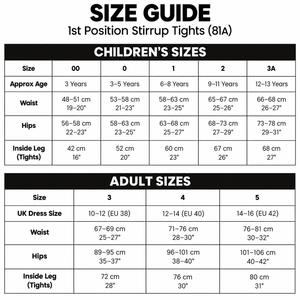 A size guide chart for children's and adult stirrup tights, showing measurements for sizes 00 through 5A with columns for approximate age, waist, hips, and inside leg/tight measurements.