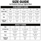A size guide chart for children's and adult stirrup tights, showing measurements for sizes 00 through 5A with columns for approximate age, waist, hips, and inside leg/tight measurements.