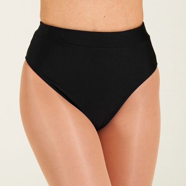 Black high-waisted bikini bottom on a beige background