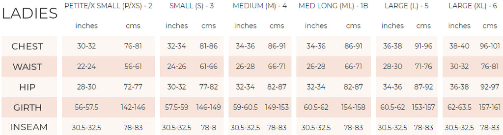 Measurement chart for ladies' clothing sizes with inch and centimeter measurements.