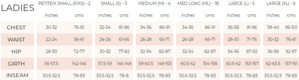 Measurement chart for ladies' clothing sizes with inch and centimeter measurements.