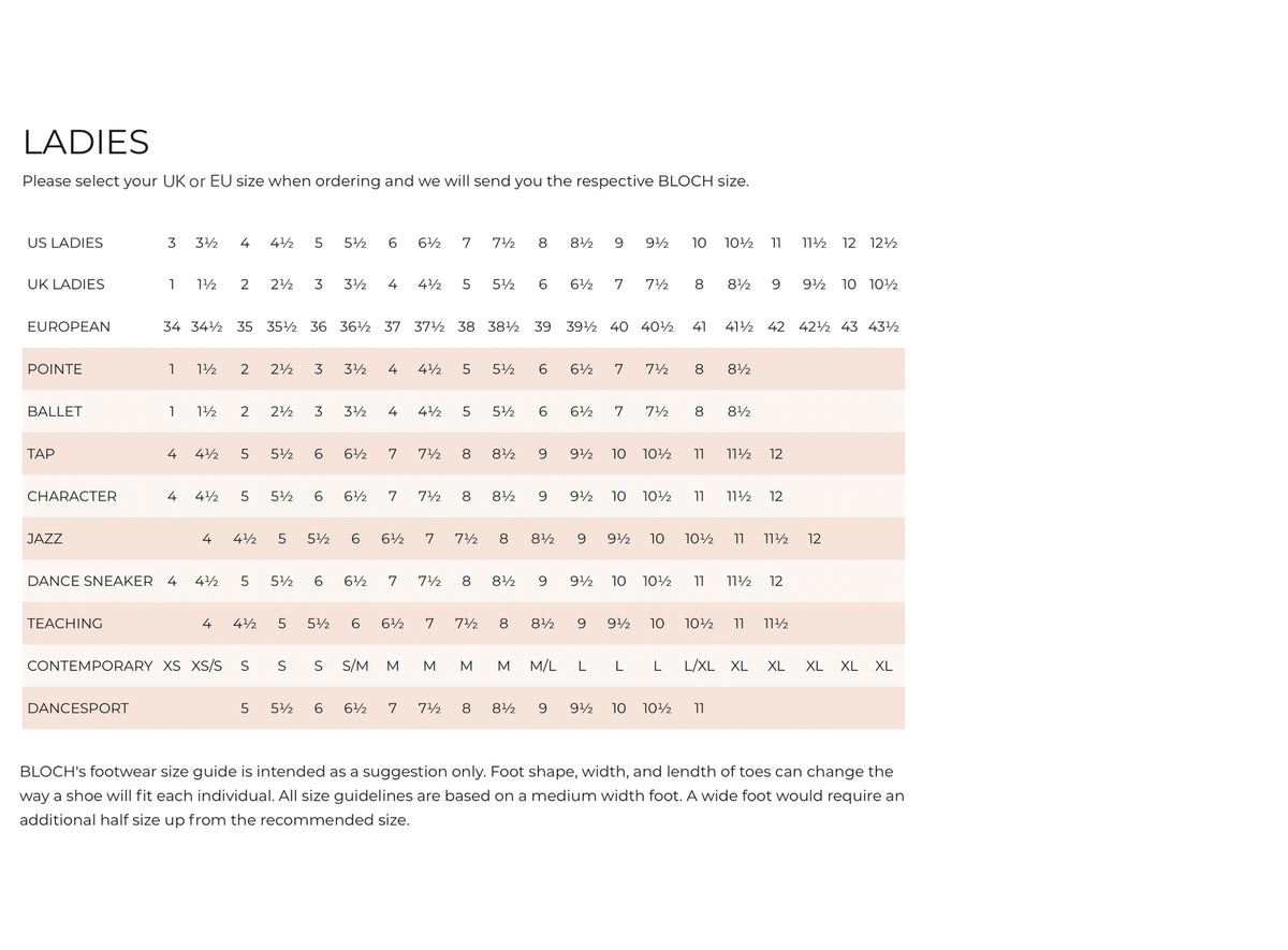 Size chart for ladies' shoes with UK and EU size conversions on a white background