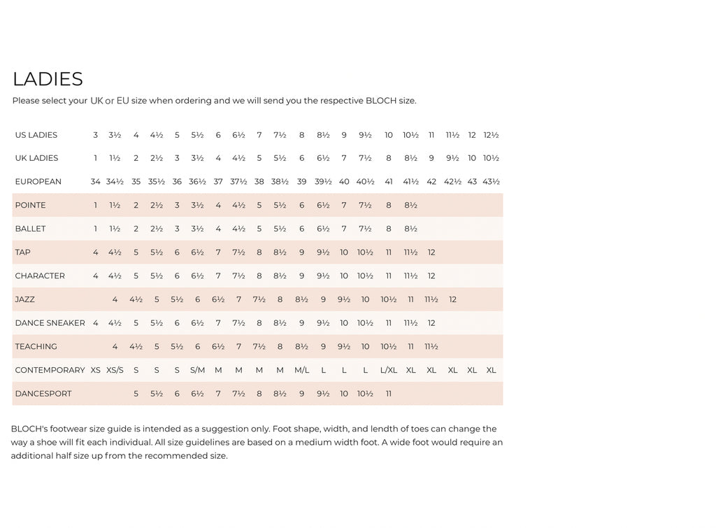 Size chart for ladies' shoes with UK and EU size conversions on a white background