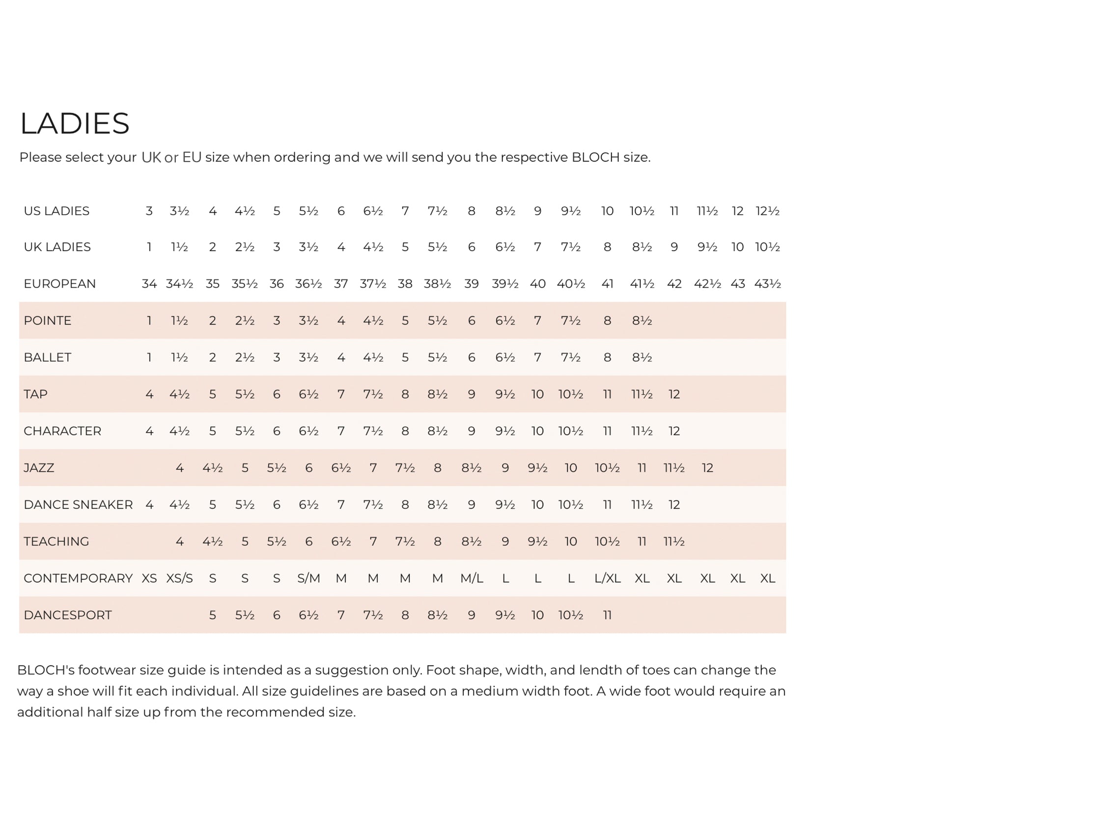Size chart for ladies' shoes with UK and EU size conversions on a white background
