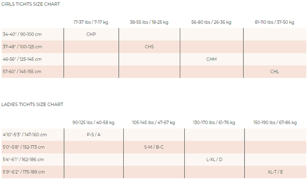 A size chart table for girls' and ladies' tights, showing height/weight ranges in kilograms and centimeters mapped to size labels such as CHP, CHS, CHM, CHL, P-S/A, S-M/B/C, L-XL/D, and XL-T/E.