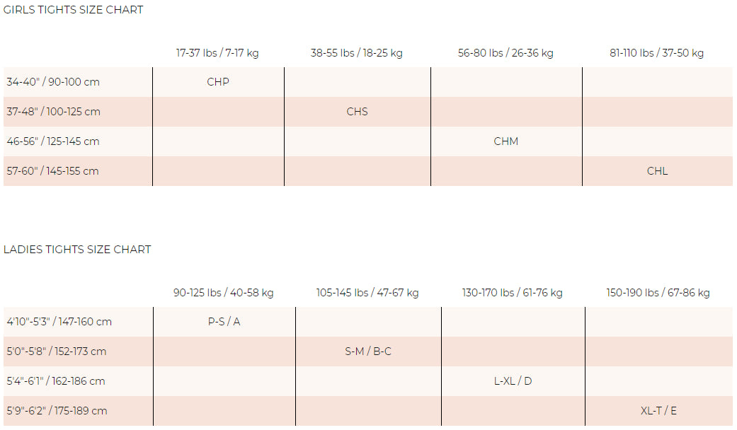 A size chart table for girls' and ladies' tights, showing height/weight ranges in kilograms and centimeters mapped to size labels such as CHP, CHS, CHM, CHL, P-S/A, S-M/B/C, L-XL/D, and XL-T/E.