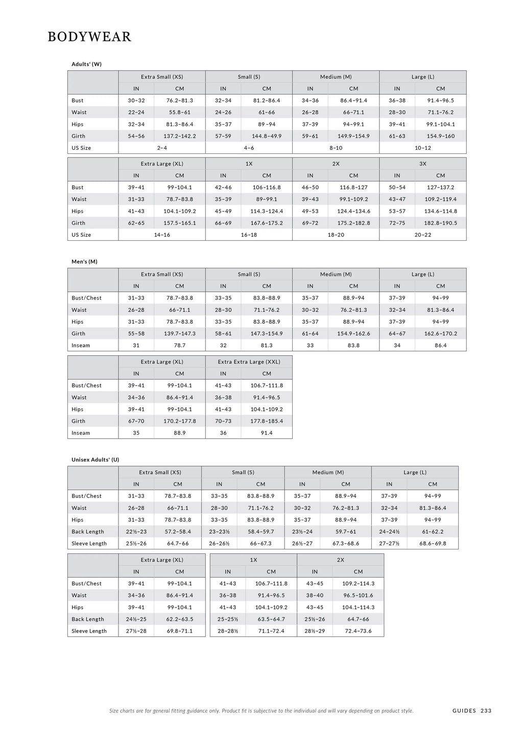 Bodywear size chart for women and men with measurements in centimeters and inches.