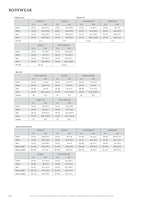 Bodywear size chart with measurements for various clothing items.