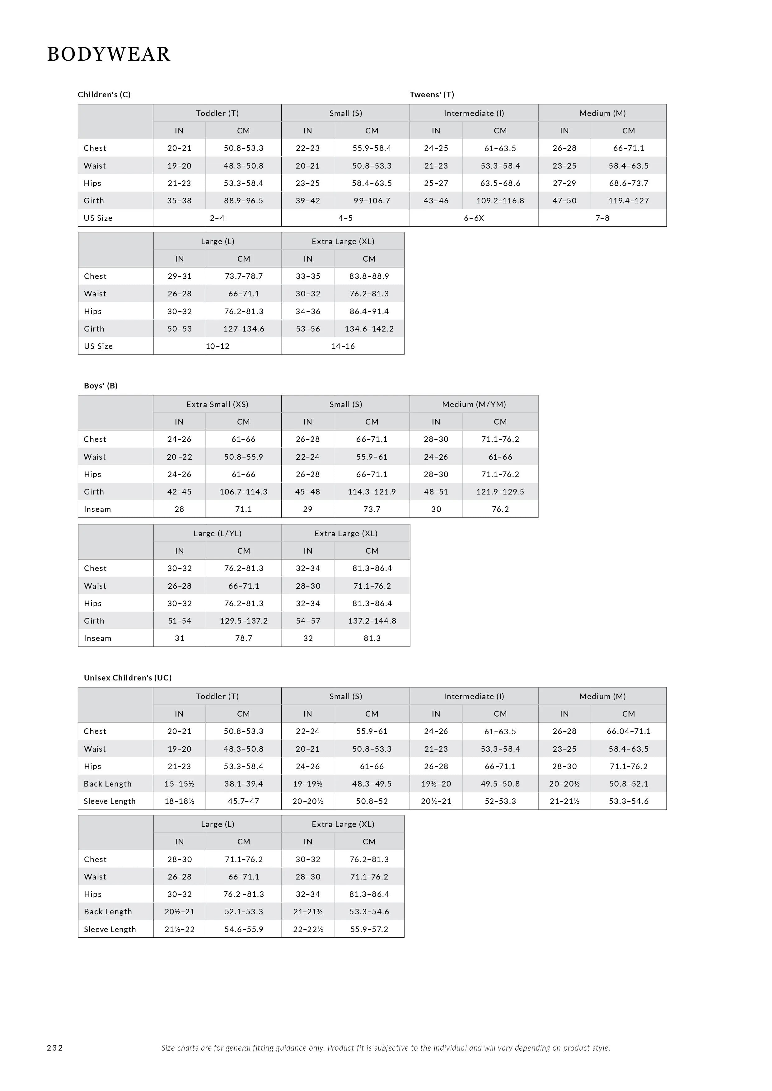 Bodywear size chart with measurements for various clothing items.