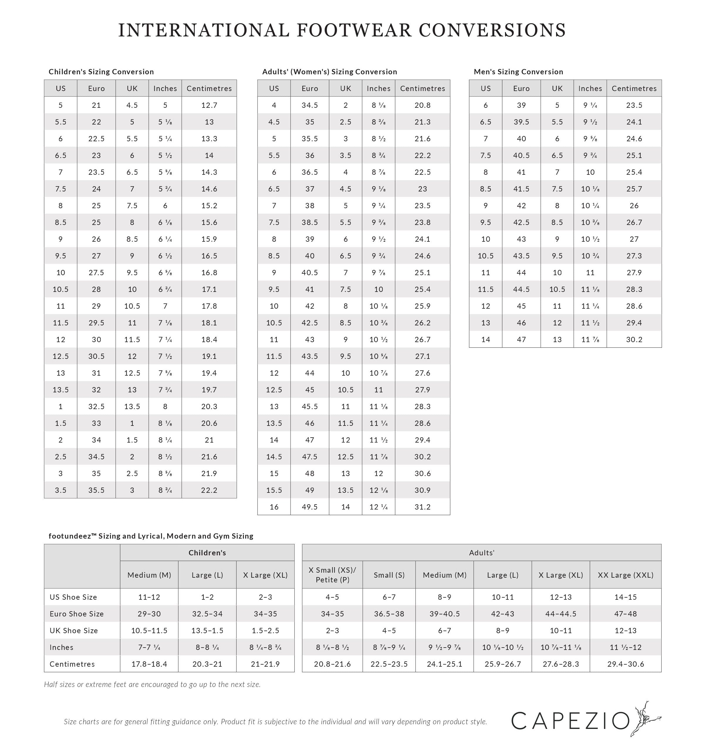 capezio size guide