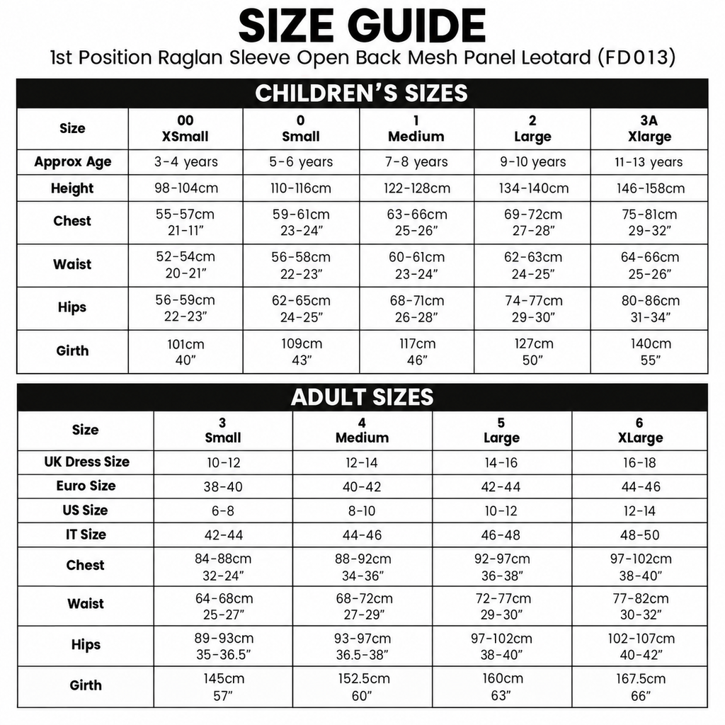 A size guide chart for children's and adult raglan sleeve open mesh panel Leoit D (FD013), showing size categories from 00 to 3XLarge with height, chest, waist, hips, and girth measurements in centimeters and inches.