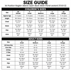A size guide chart for children's and adult raglan sleeve open mesh panel Leoit D (FD013), showing size categories from 00 to 3XLarge with height, chest, waist, hips, and girth measurements in centimeters and inches.