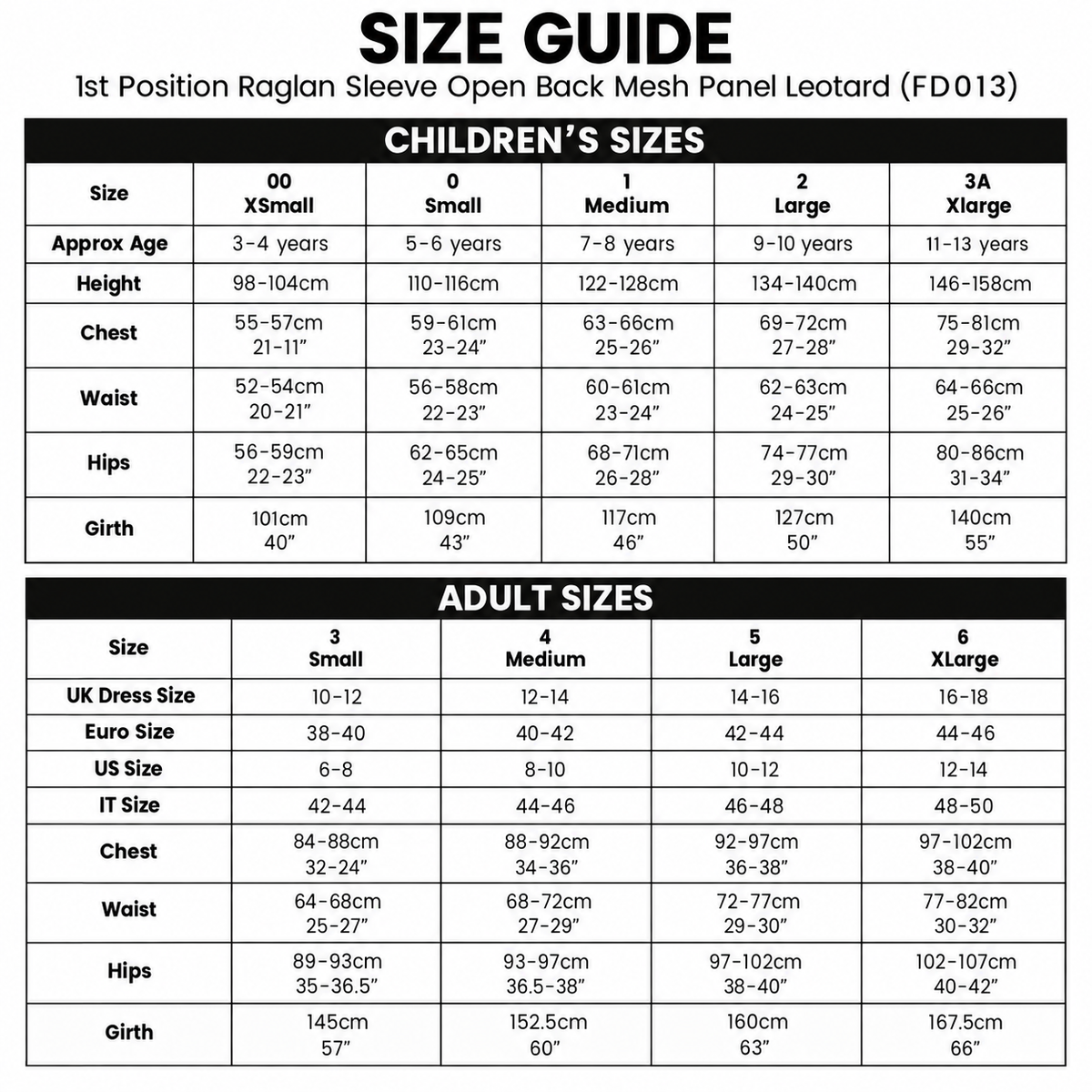A size guide chart for children's and adult raglan sleeve open mesh panel Leoit D (FD013), showing size categories from 00 to 3XLarge with height, chest, waist, hips, and girth measurements in centimeters and inches.