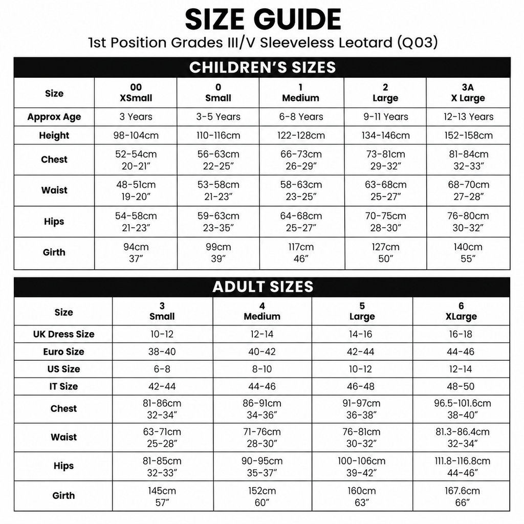 1st Position Grades III/V sleeveless regulation leotard with ruched front and matching belt