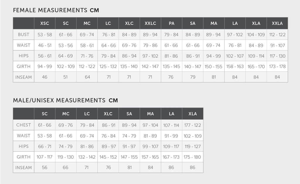 Measurement chart for women and men/unisex on a gray background