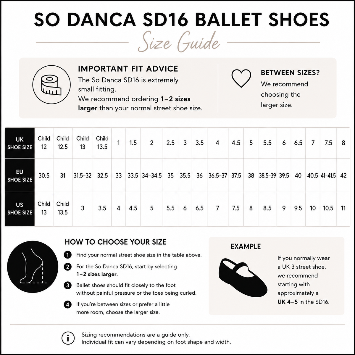 A size guide infographic for the So Danca SD16 ballet shoes, showing a size conversion table between UK, EU, and US shoe sizes, with fitting tips, sizing instructions, and a size example.