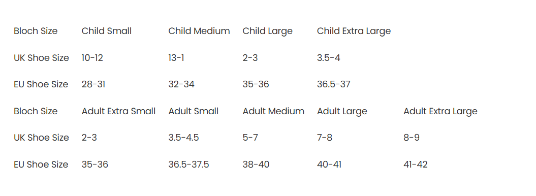 Size chart comparing Bloch shoe sizes to UK and EU shoe sizes for children and adults.