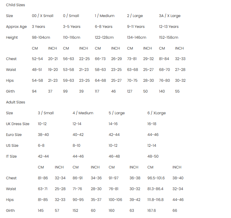 Size chart for children and adults with measurements in various units.