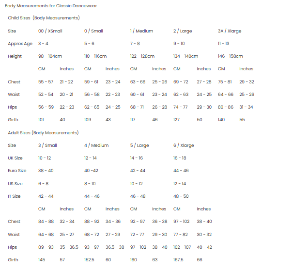 Size chart for classic dancewear with child and adult measurements.