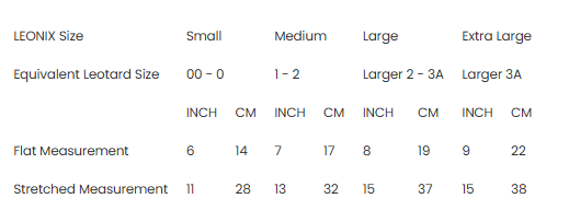 LEONIX size chart with equivalent Leotard sizes, inch and cm measurements.