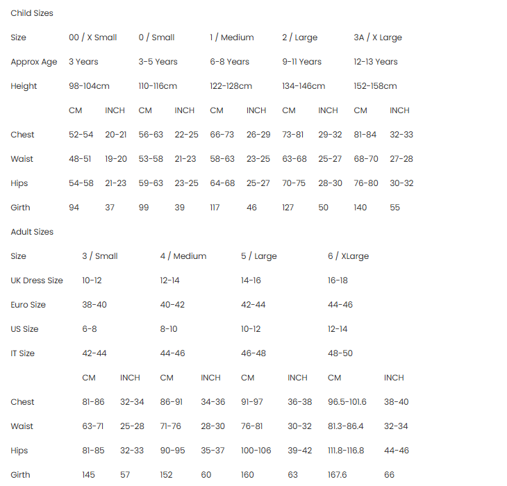 Size chart for children and adults with measurements in various units.