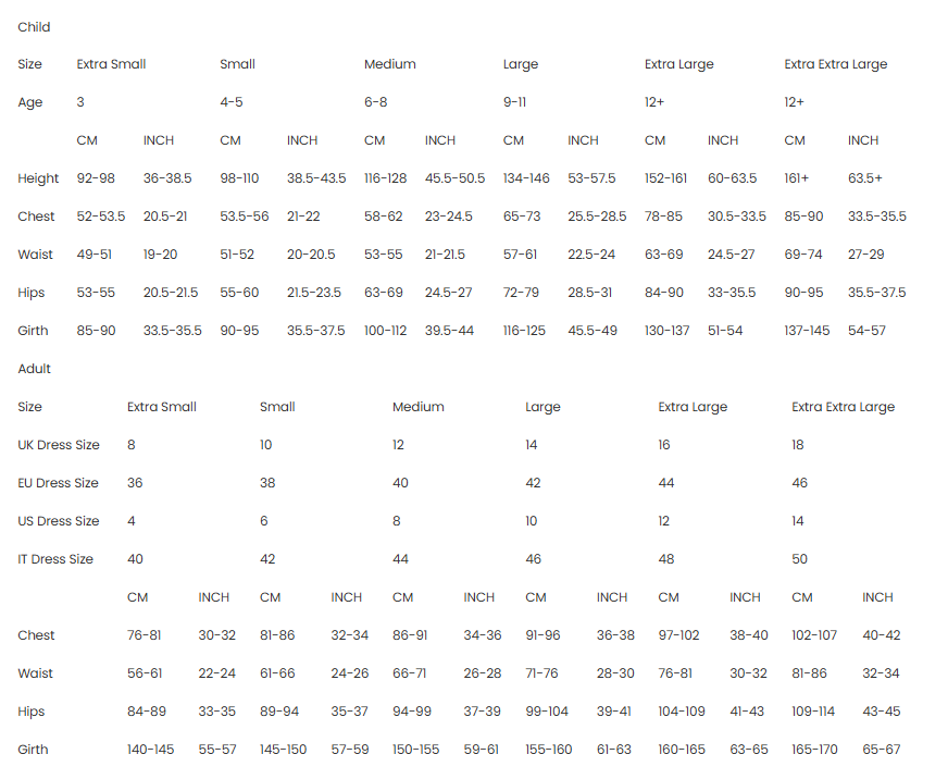 Size chart for children and adults with measurements in centimeters and inches.