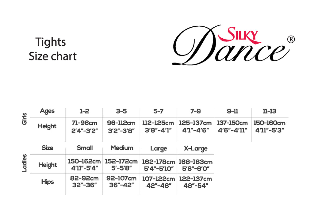 Silky Dance tights size chart with age, height, and size measurements.
