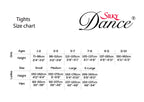 Silky Dance tights size chart with age, height, and size measurements.