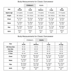 Size chart for the 1st Position RAD Approved Anna leotard, showing children’s and adults’ sizes with body measurements for height, chest, waist, hips and girth.