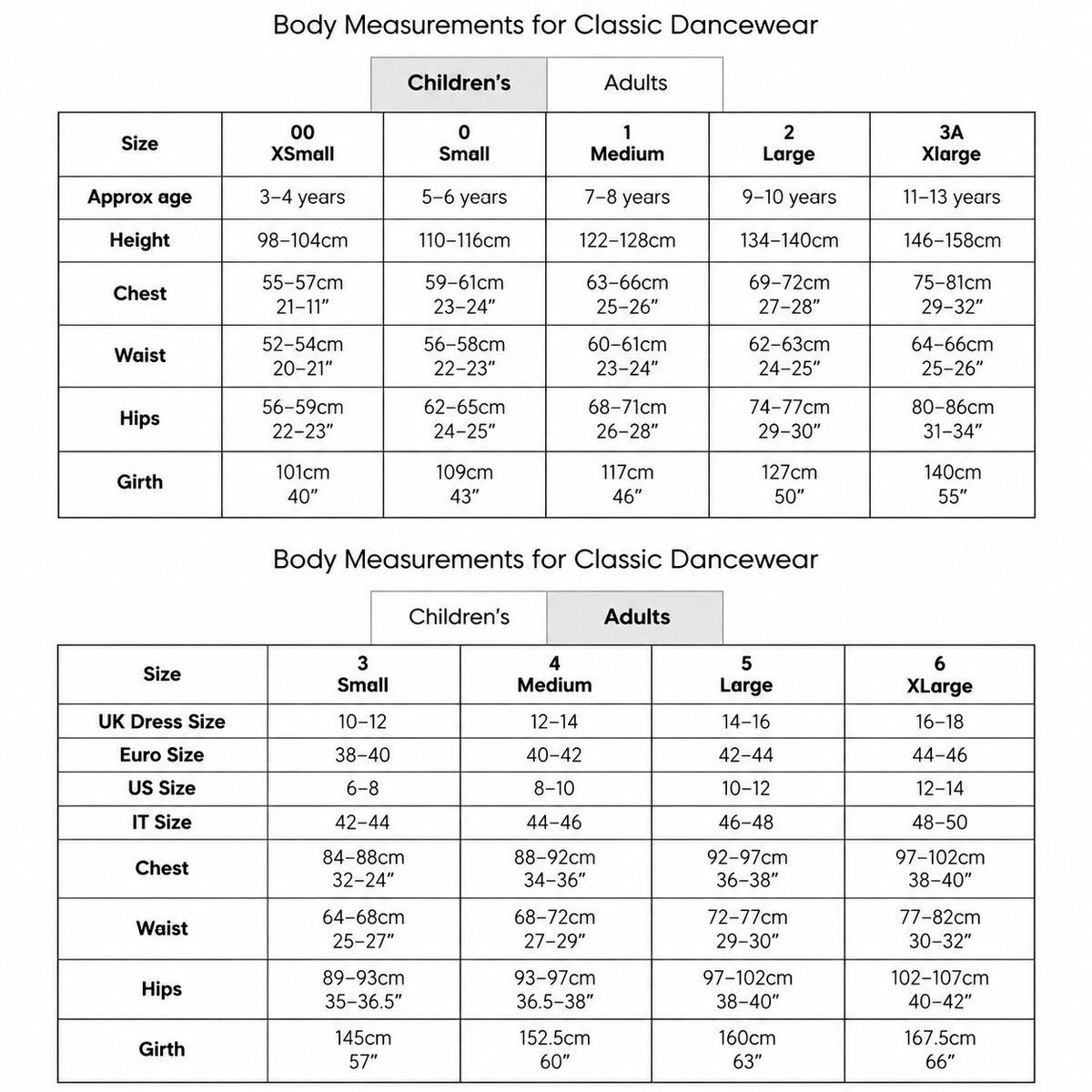 Size chart for the 1st Position RAD Approved Anna leotard, showing children’s and adults’ sizes with body measurements for height, chest, waist, hips and girth.
