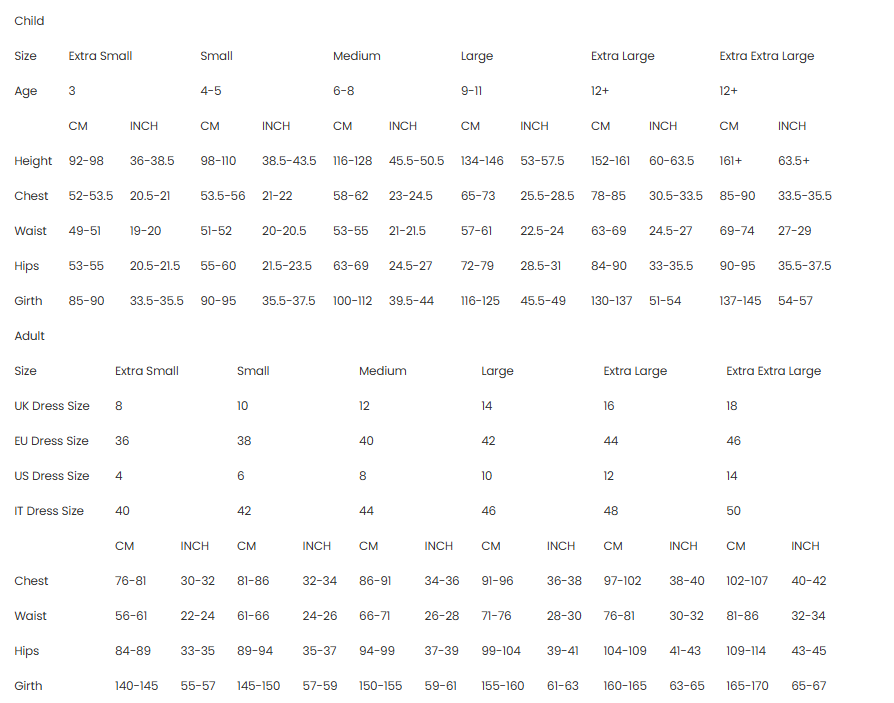 Measurement chart for children's sizes with age, height, chest, waist, and girth measurements.