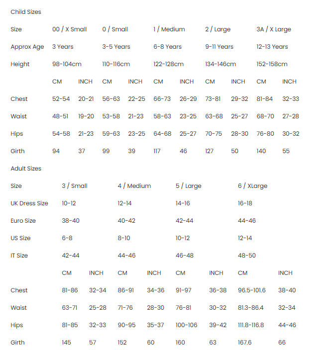 Size chart for children and adults with measurements in centimeters and inches.