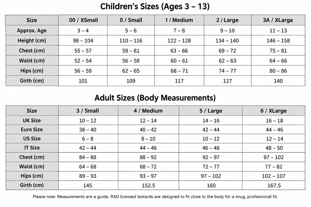 A size chart table showing children's and adult body measurements by size categories (00, 0, Small, Medium, Large, 3A, XLarge), with height, chest, waist, hips, and grip/thick measurements in centimeters and approximate age ranges.