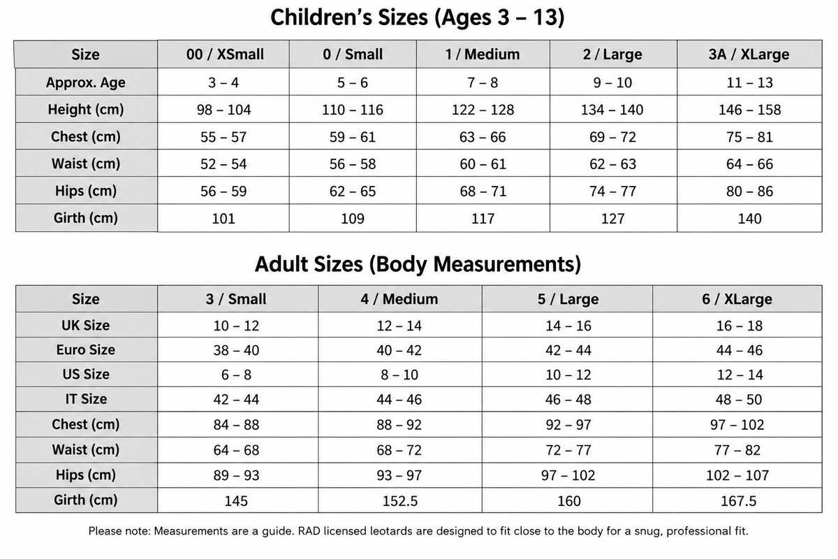 A size chart table showing children's and adult body measurements by size categories (00, 0, Small, Medium, Large, 3A, XLarge), with height, chest, waist, hips, and grip/thick measurements in centimeters and approximate age ranges.