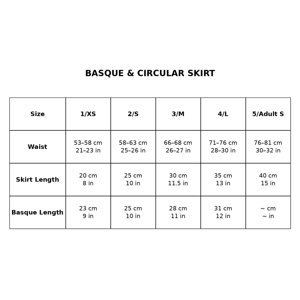 A size chart table titled 'BASQUE & CIRCULAR SKIRT' showing measurements for waist, skirt length, and basque length by size categories 1/XS through 5/Adult S.