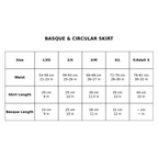 A size chart table titled 'BASQUE & CIRCULAR SKIRT' showing measurements for waist, skirt length, and basque length by size categories 1/XS through 5/Adult S.
