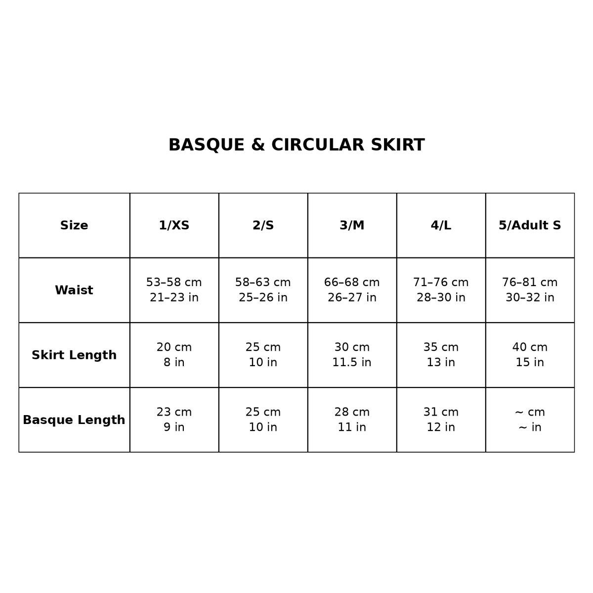 A size chart table titled 'BASQUE & CIRCULAR SKIRT' showing measurements for waist, skirt length, and basque length by size categories 1/XS through 5/Adult S.