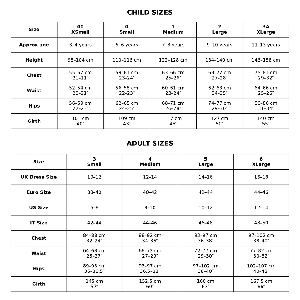 A size chart table titled 'CHILD SIZES' and 'ADULT SIZES' showing conversions between age, height, weight, chest, waist, hips, girth, and clothing sizes such as 00, Xsmall, Medium, Large, XLarge, UK Dress Size, Euro, US Size, and IT Size.