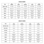 A size chart table titled 'CHILD SIZES' and 'ADULT SIZES' showing conversions between age, height, weight, chest, waist, hips, girth, and clothing sizes such as 00, Xsmall, Medium, Large, XLarge, UK Dress Size, Euro, US Size, and IT Size.