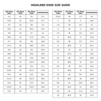 A size conversion chart titled 'HIGHLAND SHOE SIZE GUIDE' with tables mapping UK shoe size, EU shoe size, US shoe size, and centimetres.