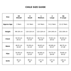 A child size guide chart with a table showing size columns from 00 XSmall to 3A XLarge and rows for Approx Age, Height, Chest, Waist, Hips, and Girth in centimeters and inches.