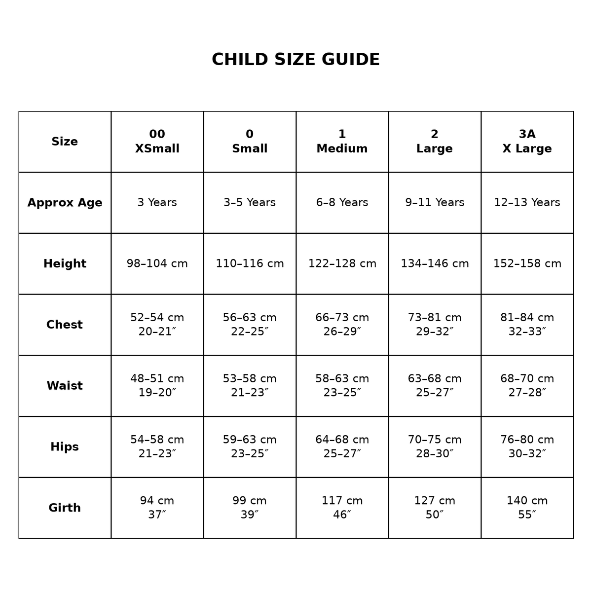 A child size guide chart with a table showing size columns from 00 XSmall to 3A XLarge and rows for Approx Age, Height, Chest, Waist, Hips, and Girth in centimeters and inches.
