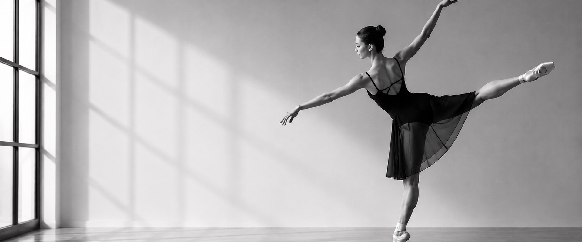 Ballet dancer in a studio with sunlight streaming through a window