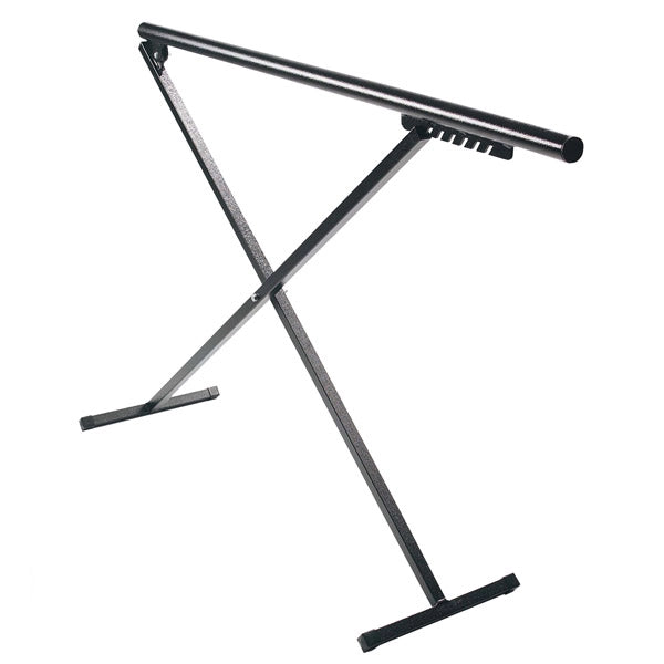 Black adjustable music stand on a white background