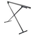 Black adjustable music stand on a white background