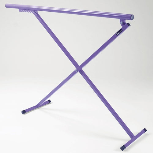 Purple metal X-shaped stand on a white background